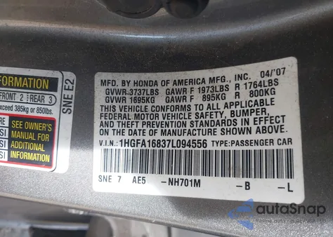 2007 Honda Civic Ex из США, поврежденный, VIN 1HGFA16837L094556